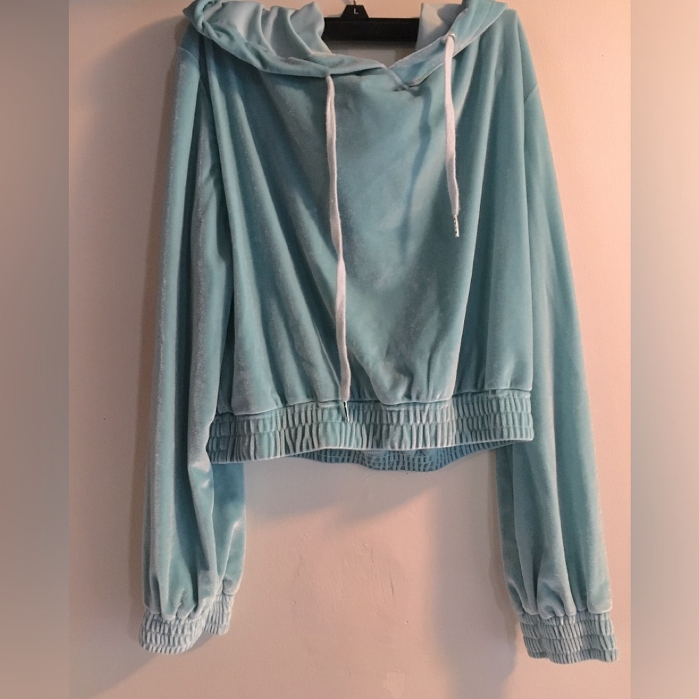 Velour Aqua Crop Hoodie